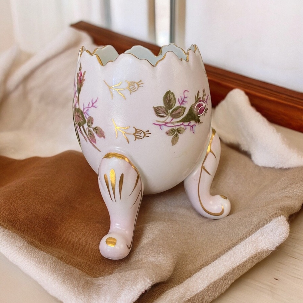 Vintage Napco Porcelain 3-Footed Cracked Egg Vase Pink Rose Gold Trim 3.75” - Picture 3 of 6